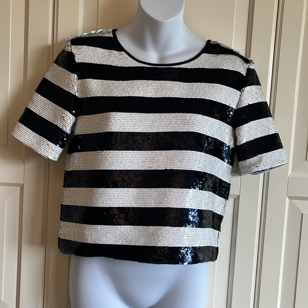 Sandro striped sequin blouse navy/white Size XS/S Elegant Chic Nautical - Picture 6 of 14